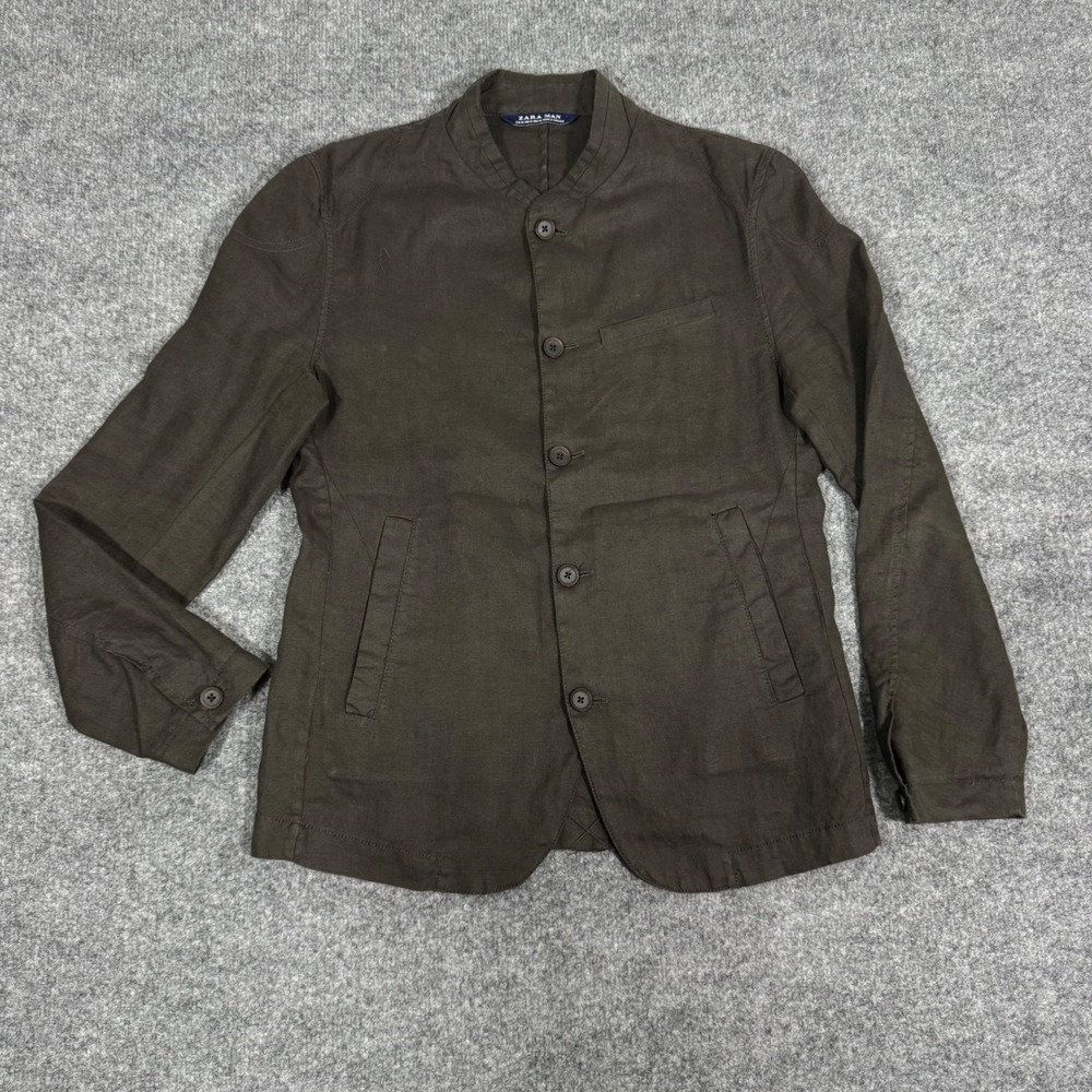 Zara Man Mandarin Collar Blazer Jacket Mens Medium Dark Brown 100% Linen EUC